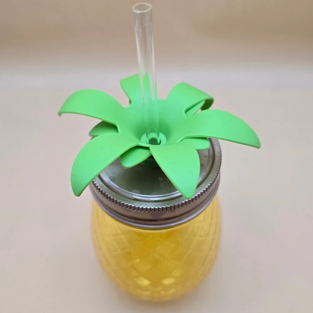 Pineapple Shaped Tumbler Yellow Plastic Mason‎ Jar Cup with Straw & Green Leaves